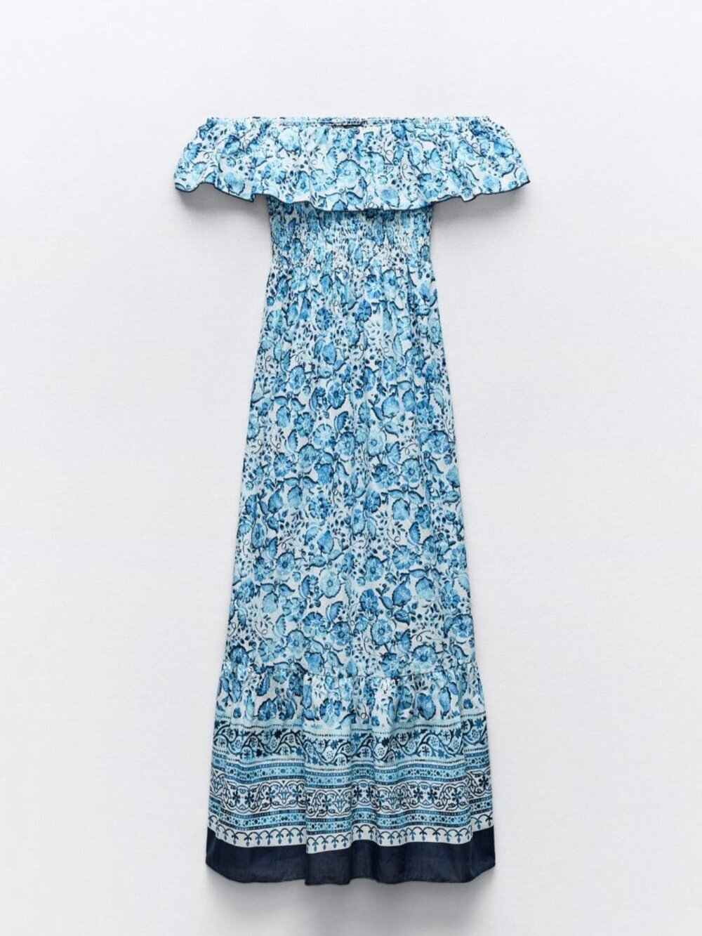 Zara Off The Shoulder Floral Print Maxi Dress Cotton Blue White Size Medium - Picture 3 of 8
